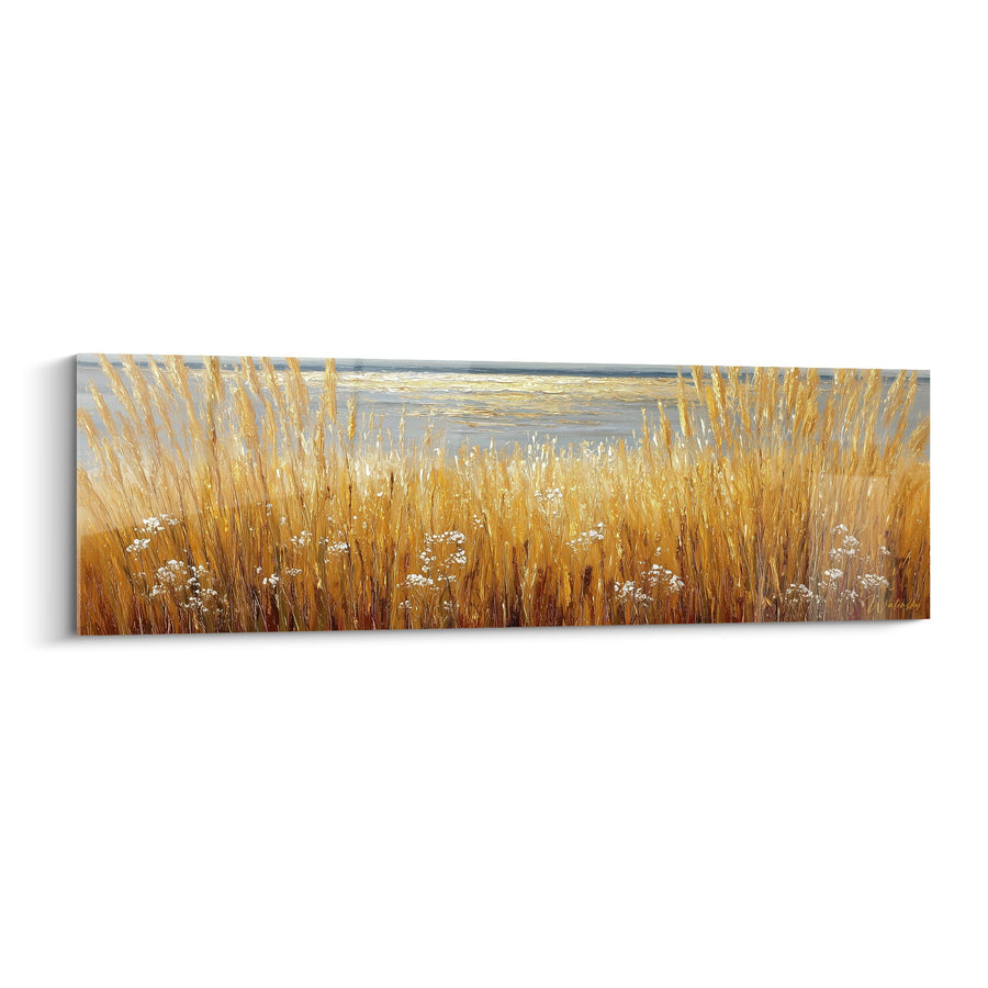 Schilderij van gouden kruiden aan zee met witte bloemen - Prentenboek landschap - Gramineeditie