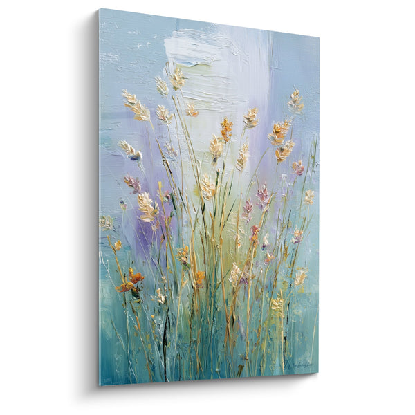 Schilderij van gouden en paarse aren op een pastelblauwe achtergrond - Zomerkamp - Gramineeditie