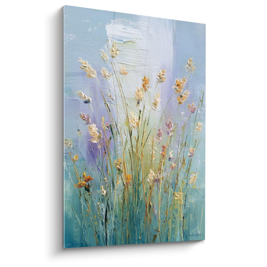 Schilderij van gouden en paarse aren op een pastelblauwe achtergrond - Zomerkamp - Gramineeditie