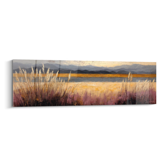 Schilderij rietland met gouden zonsondergang en mistige bergen - Herfstlicht - Graminée Editie