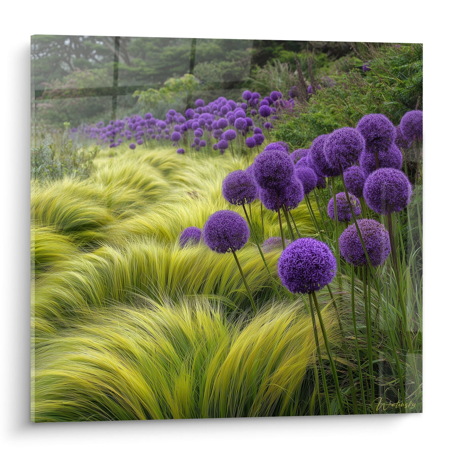 Tableau Graminées Dorées et Fleurs Violettes Sphériques - Jardin Contemporain - Edition Graminées