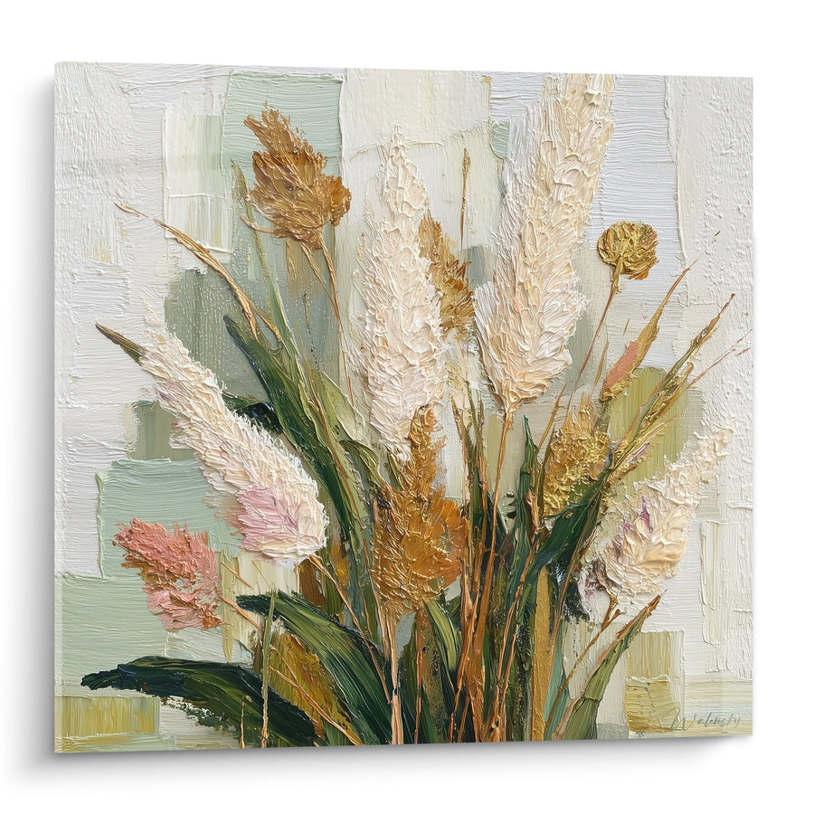 Tableau épis dorés et plumes nacrées sur fond pastel - Bouquet champêtre - Edition Graminées