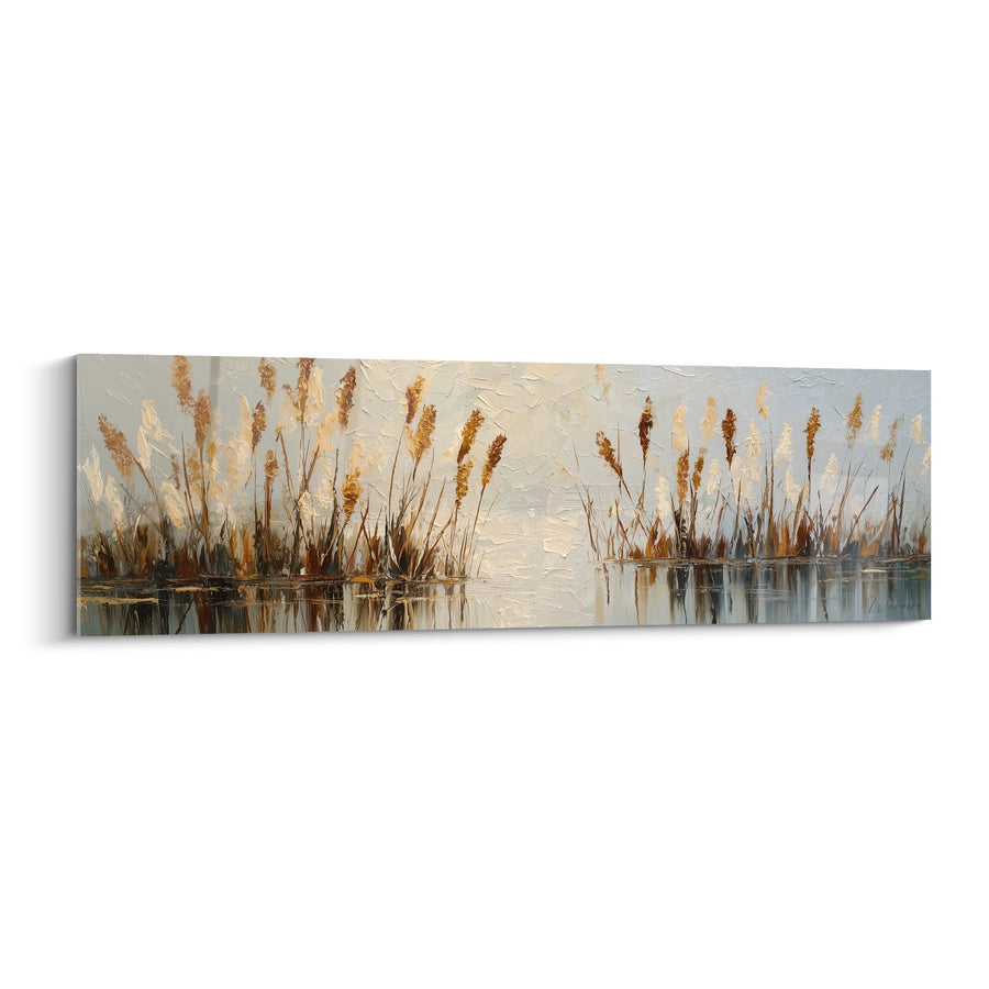 Schilderij van gouden grassen en waterreflecties op beige en oker canvas - Herfstmurmures - Graminées Editie