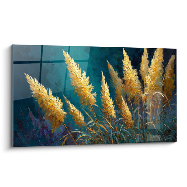 Tableau plumes dorées sur fond turquoise - Éclat automnal - Edition Graminées