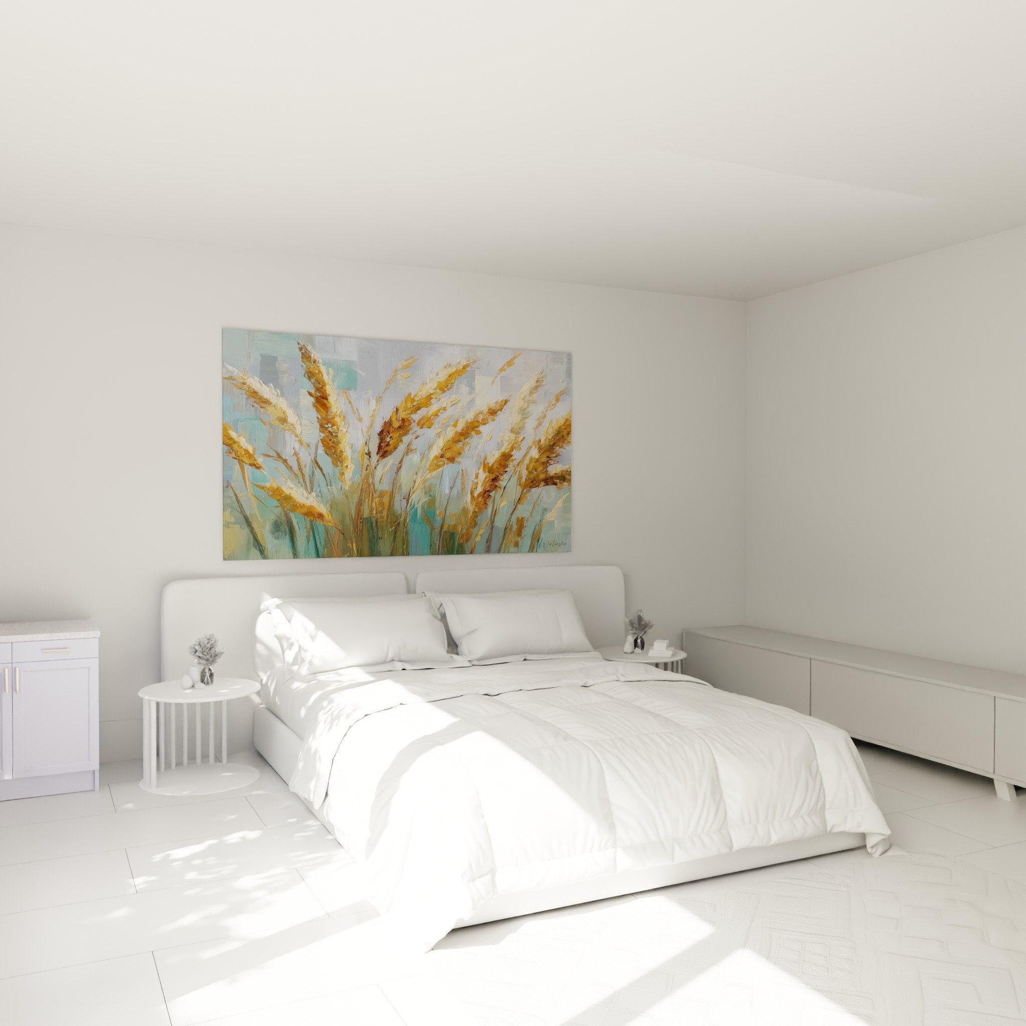 Tableau graminées dorées dans chambre moderne, décoration murale nature aux tons bleu et or