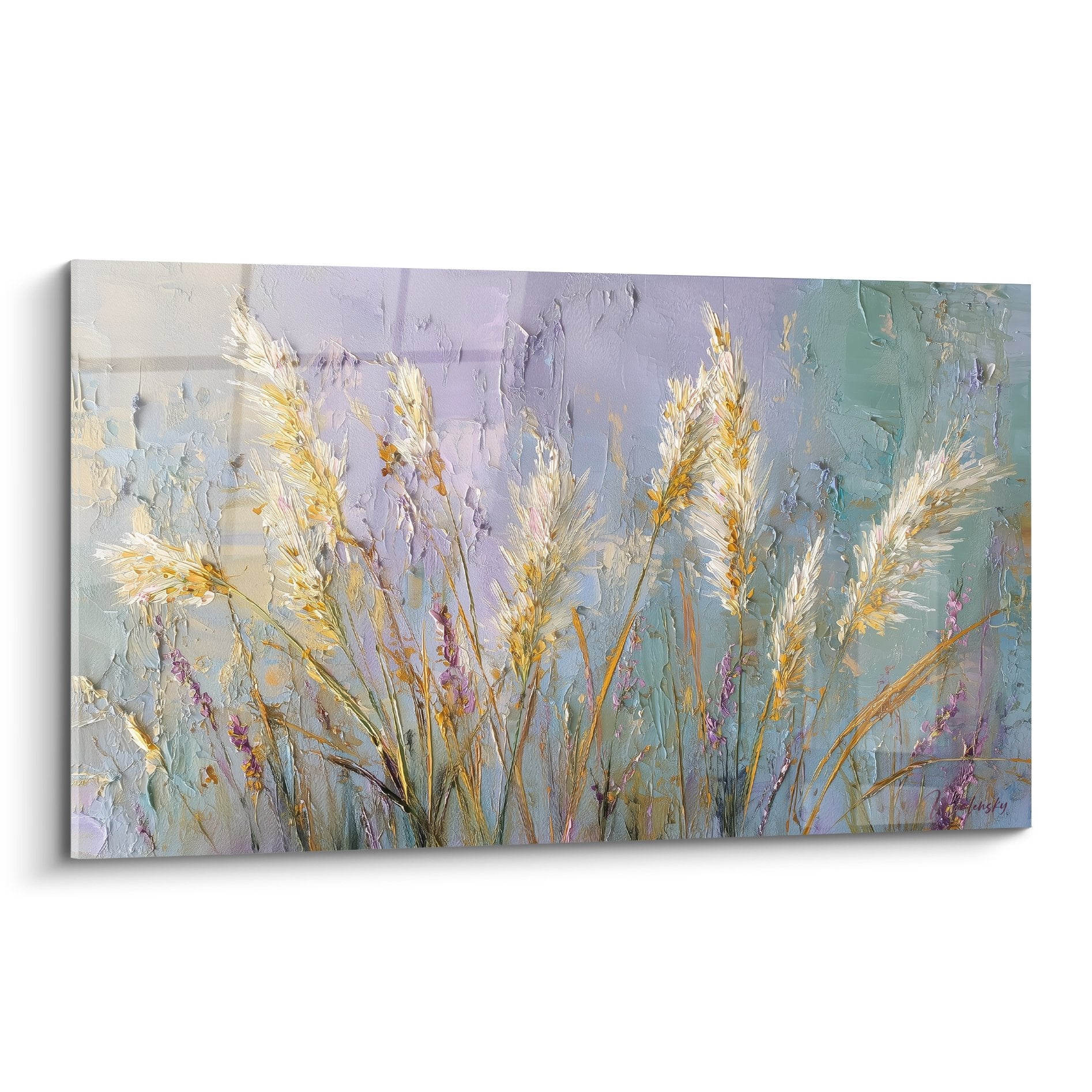 Grass painting golden ears pastel lavender turquoise background thick texture impressionist nature style