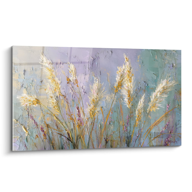 Golden Ears Painting on Lavender and Turquoise Pastel Background - Luminous Prairies - Grasses Edition