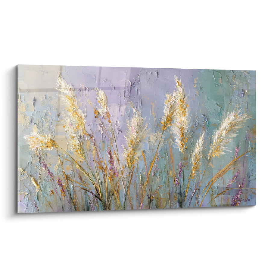Tableau épis dorés sur fond pastel lavande et turquoise - Prairies Lumineuses - Edition Graminées