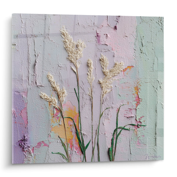 Schilderij gouden graanaren op een pastel paars en groen getextureerde achtergrond - Landelijke Harmonie - Gramineeen Editie
