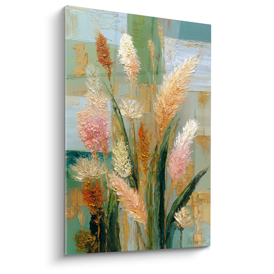 Painting of pink and orange wheat ears on abstract multicolor background, thick contemporary style grasses artwork