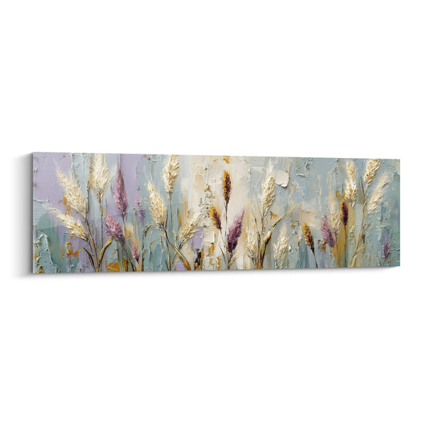 Cuadro de espigas doradas y violetas sobre fondo pastel - Dulzura campestre - Edición Gramíneas