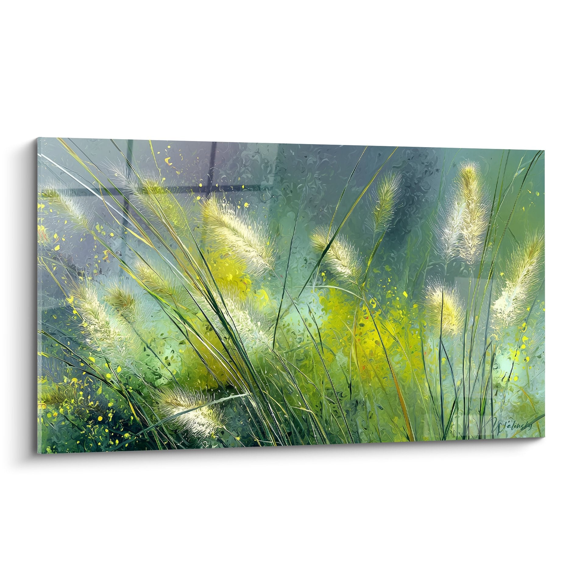 Artistic wall art depicting feathery grain heads in green and gold tones on a bluish background
