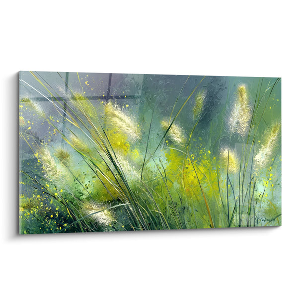 Tall plants wall art with fluffy ears in green and golden shades - Rural Softness - Grasses Edition