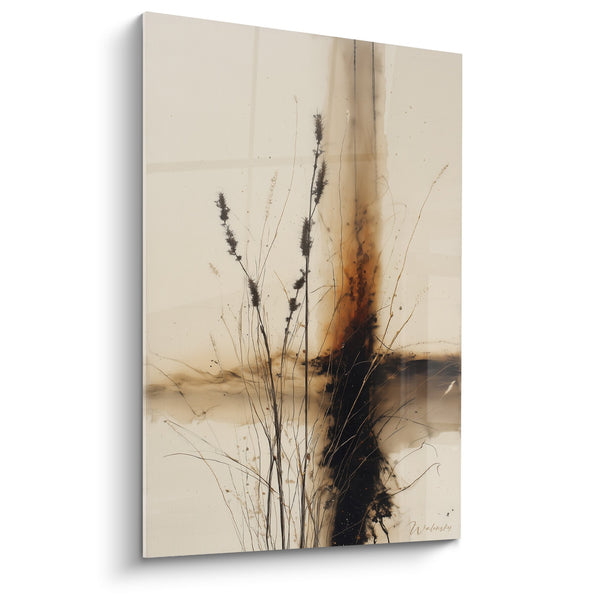 Schilderij van wilde aren met sepia- en oker tinten op een beige achtergrond - Landelijke zachtheid - Graminées Editie