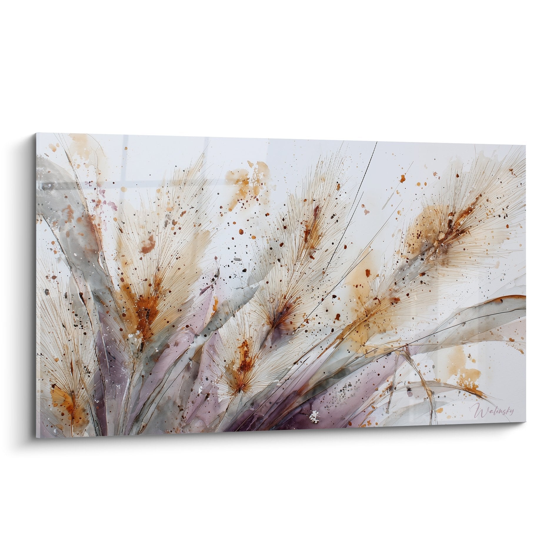 Artistic wall art golden grain spikelets bursting on mauve beige background watercolor style modern botanical movement