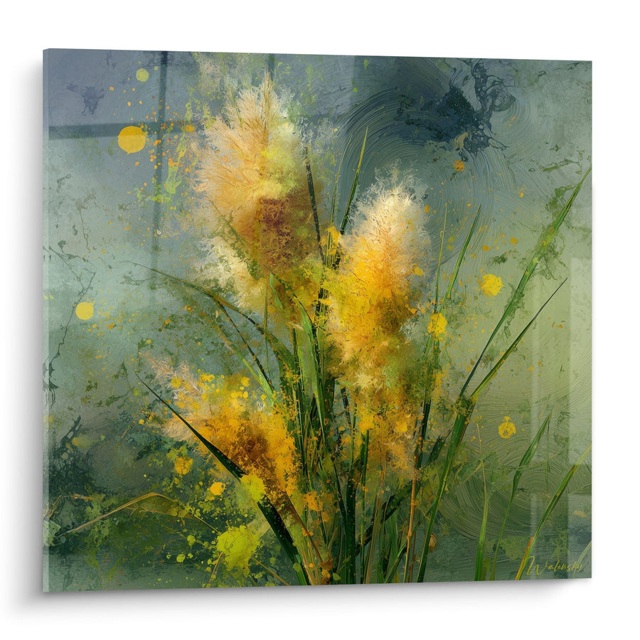 Tableau explosion dorée sur fond vert-gris avec herbes stylisées - Lumière végétale - Edition Graminées