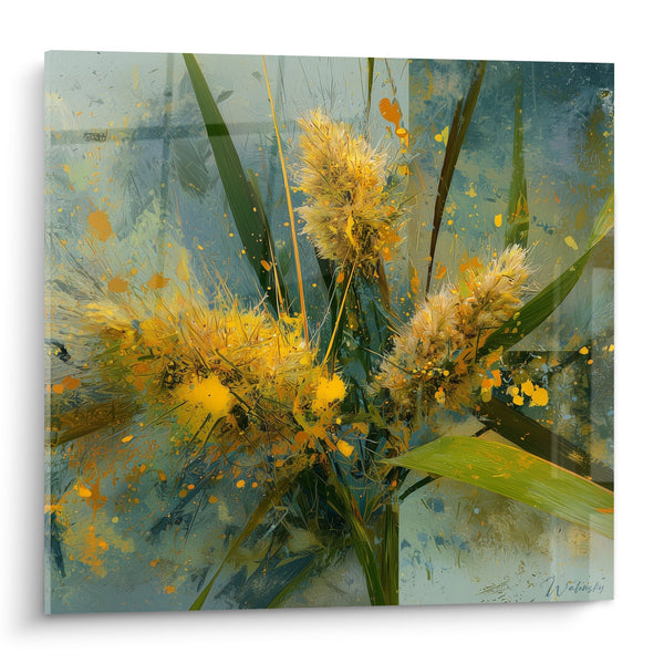 Bloemexplosie gouden en blauwe moderne wanddecoratie - Wilde uitbarsting - Editie Graslanden