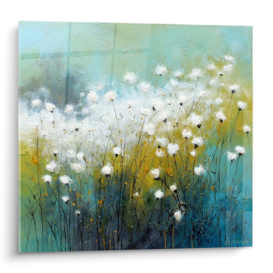 Tableau champ de fleurs blanches sur fond bleu-vert impressionniste - Souffle de nature - Edition Graminées
