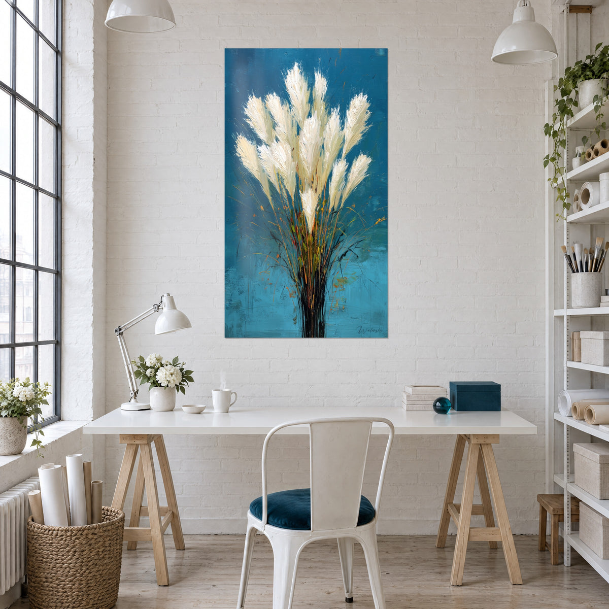 Schilderij witte pampasgrassen met oranjegetinte stengels op marineblauwe achtergrond, licht houten bureau en witte stoel