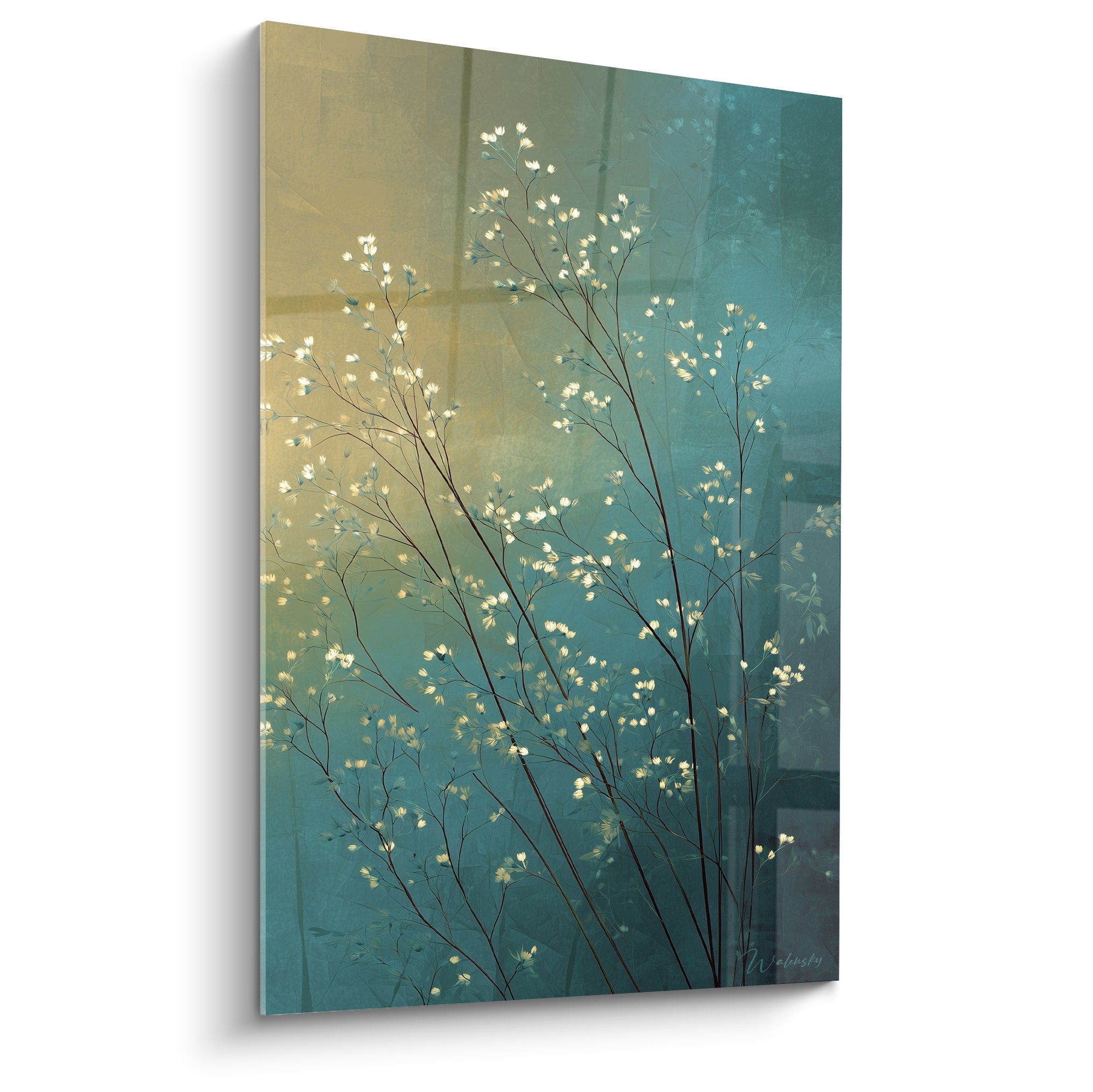 Wild herbs white flowers turquoise gold background wall art nature grasses