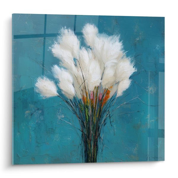 White feather bouquet wall art on turquoise blue background - Botanical softness - Grasses Edition