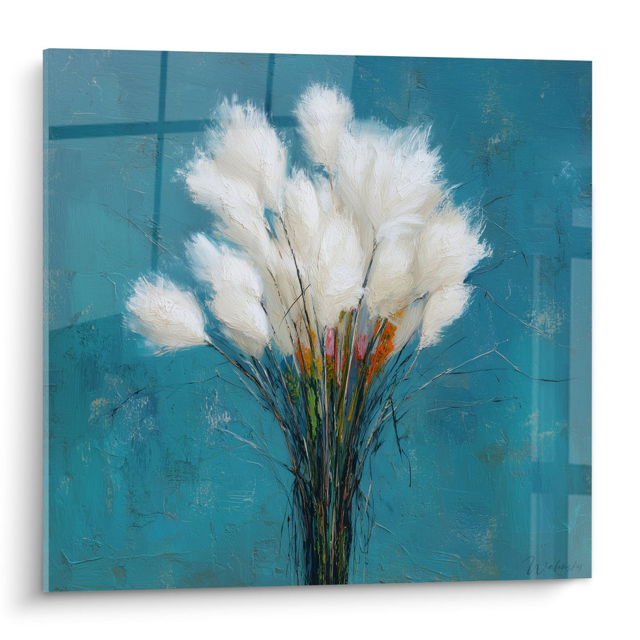 Tableau bouquet de plumeaux blancs sur fond bleu turquoise - Douceur végétale - Edition Graminées