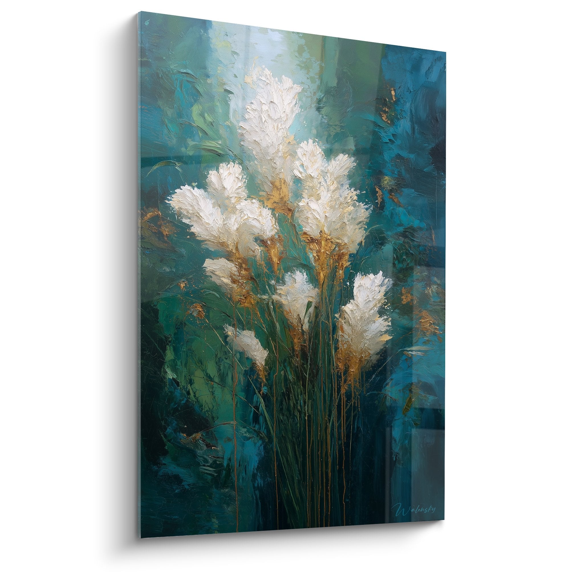 Tableau graminées plumeaux dorés blancs fond turquoise peinture expressionniste nature végétale décorative