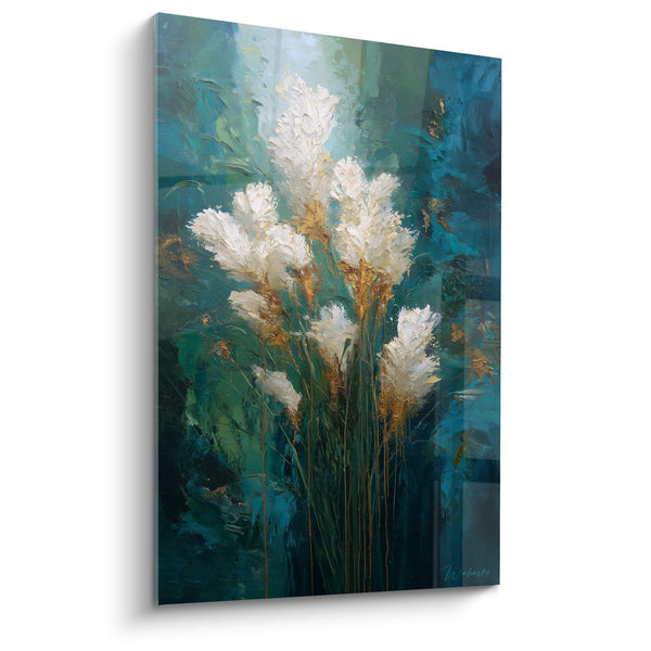 Schilderij met gouden en witte pluimen op een expressieve turquoise achtergrond - Wilde elegantie - Graminées editie