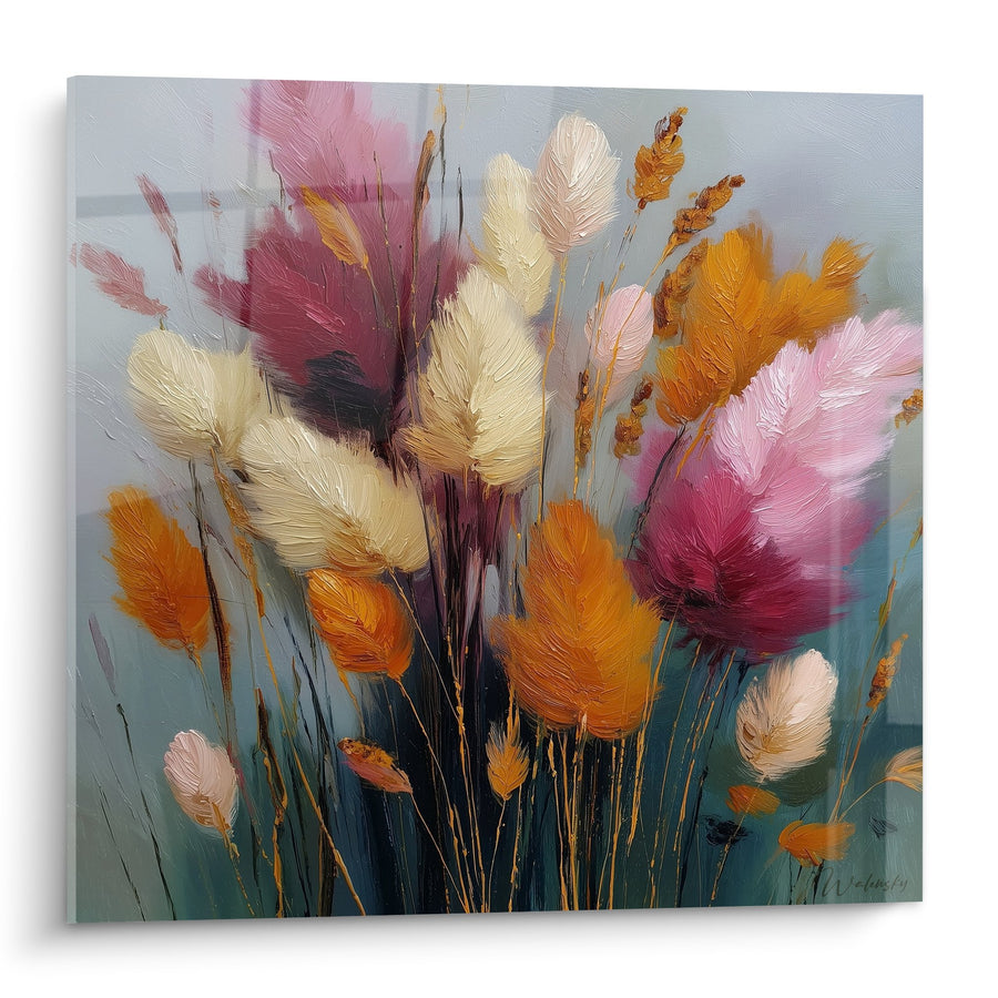 Tableau Bouquet de Plumes Colorées Rose Orange et Beige - Douceur Automnale - Edition Graminées