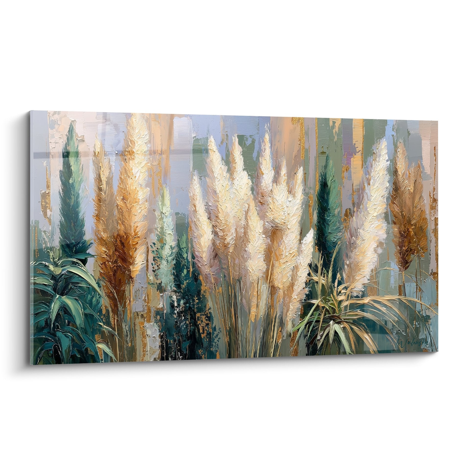 Grass and feather wall art with golden and white accents on multicolor pastel background, impressionist style