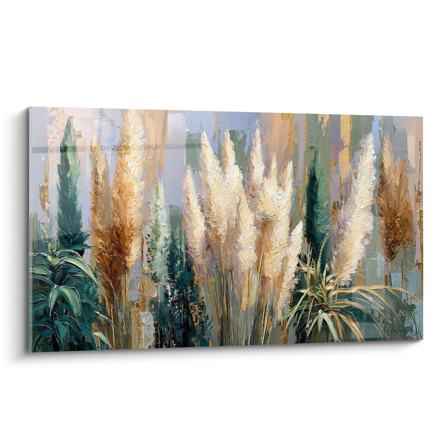Tableau plumes dorées et blanches sur fond pastel multicolore - Douceur des pampas - Edition Graminées