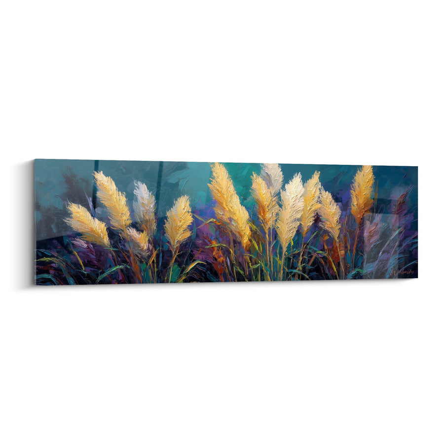 Tableau plumes dorées et argentées sur fond turquoise et violet - Éclat des Vents - Edition Graminées