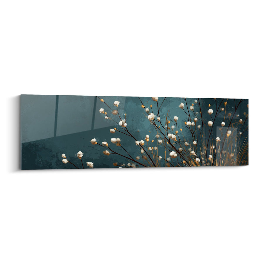 Tabel met fijne stelen en gouden en witte pompons op een rustgevende blauwgroene achtergrond - Natuurlijke Elegantie - Graminée Editie