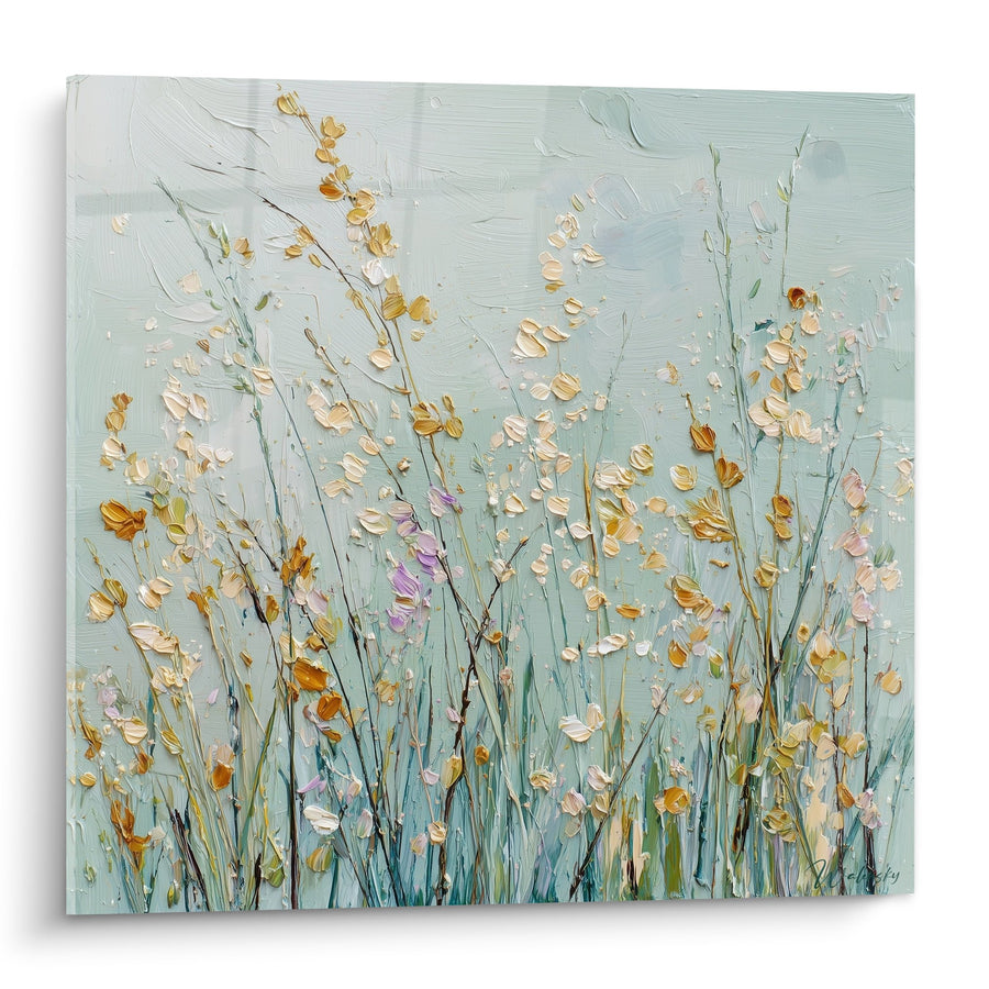 Tableau prairie sauvage aux tons pastel bleu-vert et touches dorées - Murmures champêtres - Edition Graminées