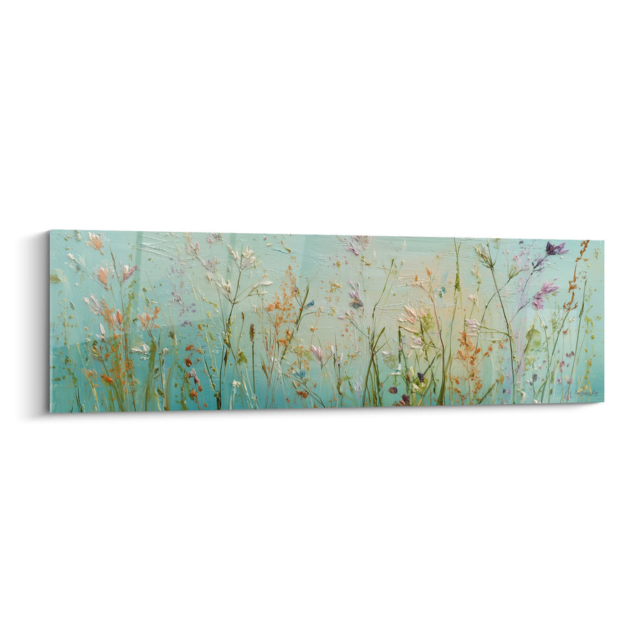 Tableau panoramique prairie sauvage aux tons turquoise et ocre - Harmonie champêtre - Edition Graminées