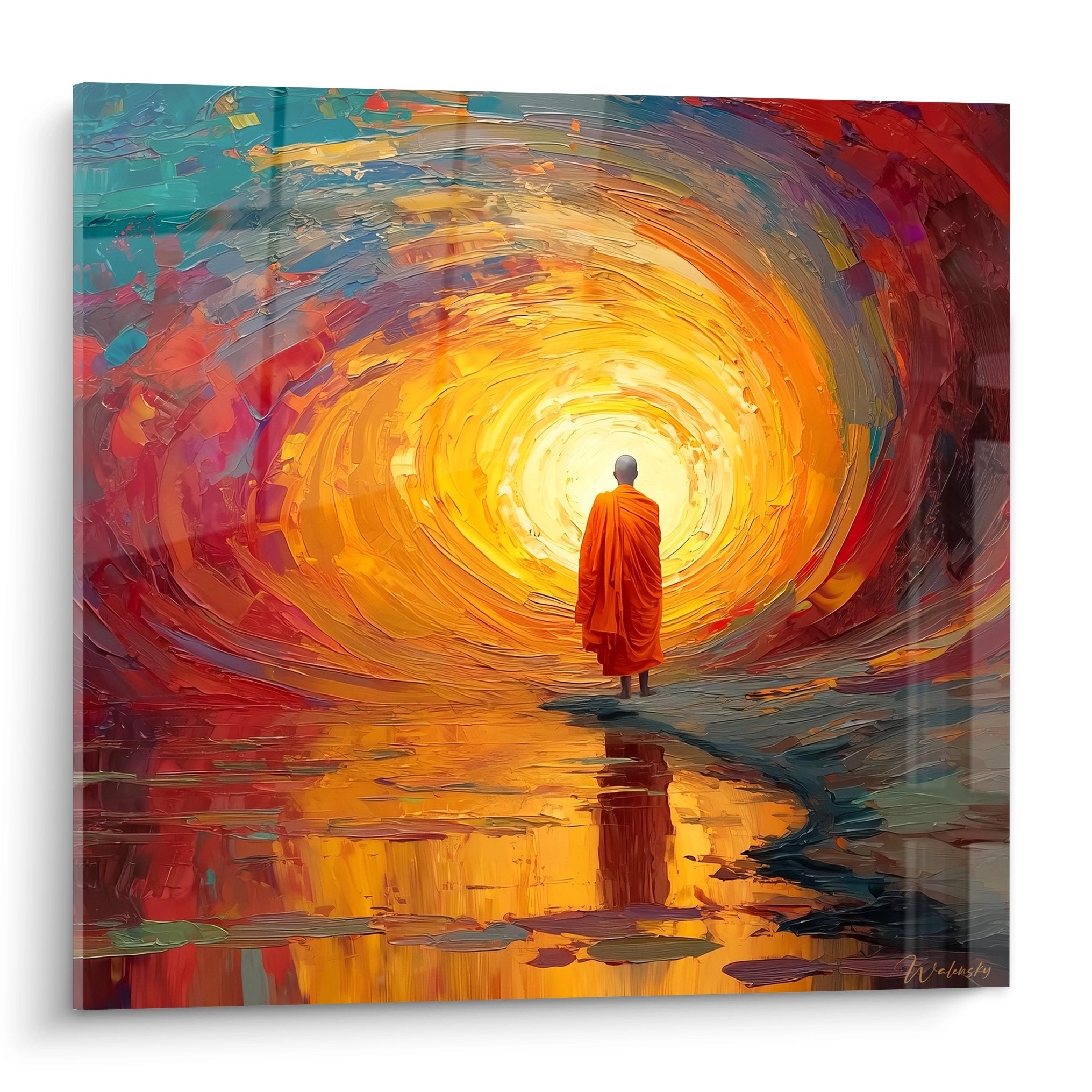 Tableau abstrait graminées tunnel lumineux doré avec silhouette spirituelle reflets aquatiques tons orange turquoise