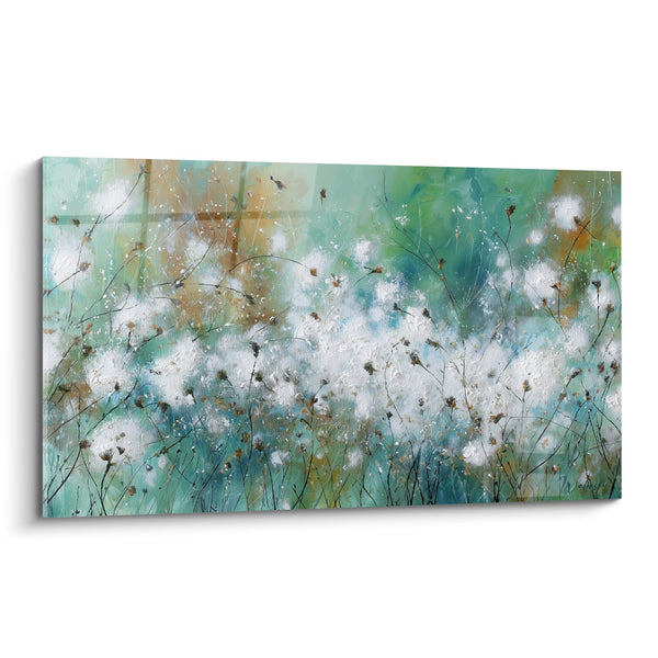 Tableau Prairie Abstraite aux Tons Turquoise et Blanc - Brume Végétale - Edition Graminées