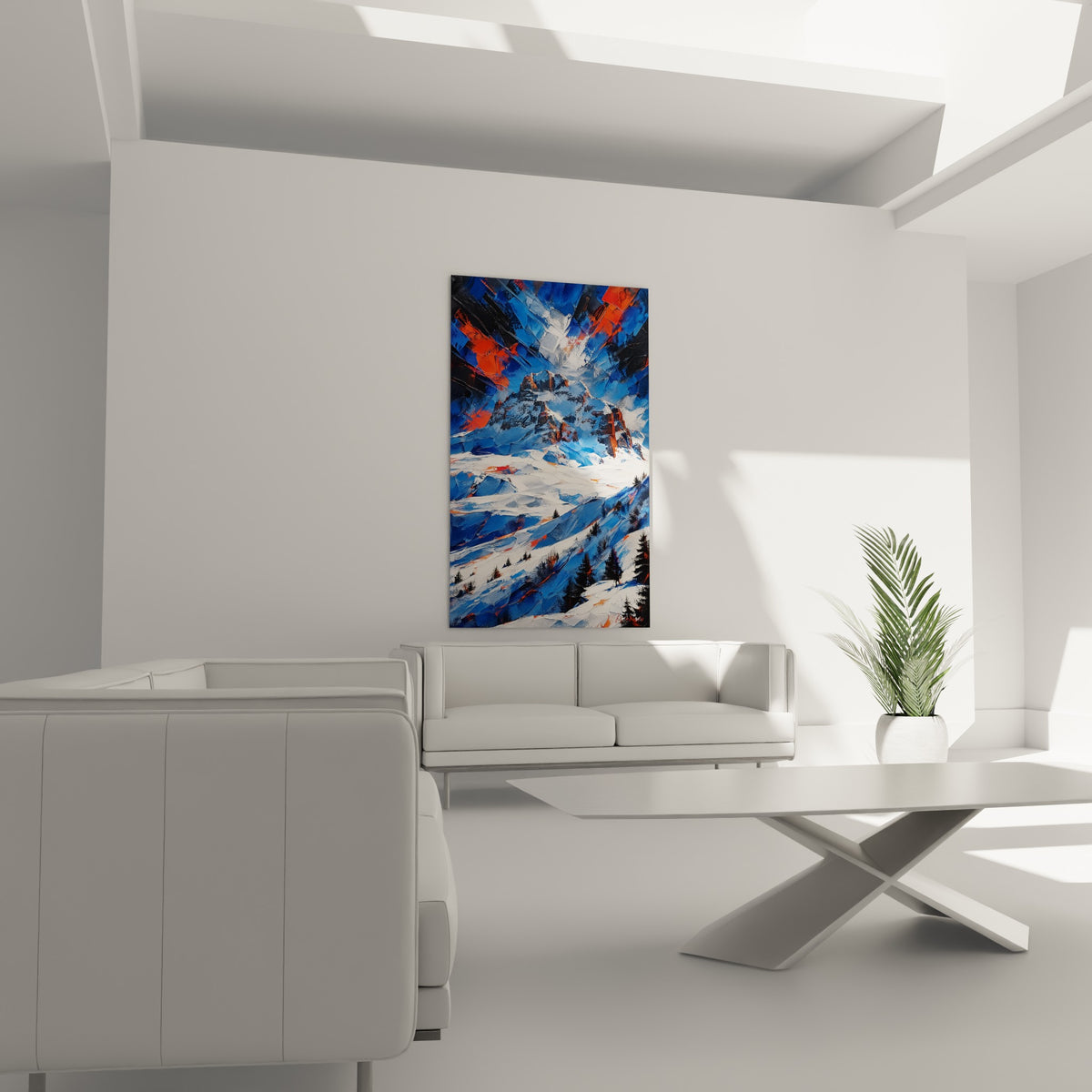 Pic rocheux enneigé aux teintes bleu marine et orangées, suspendu au-dessus d'un canapé dans un salon lumineux