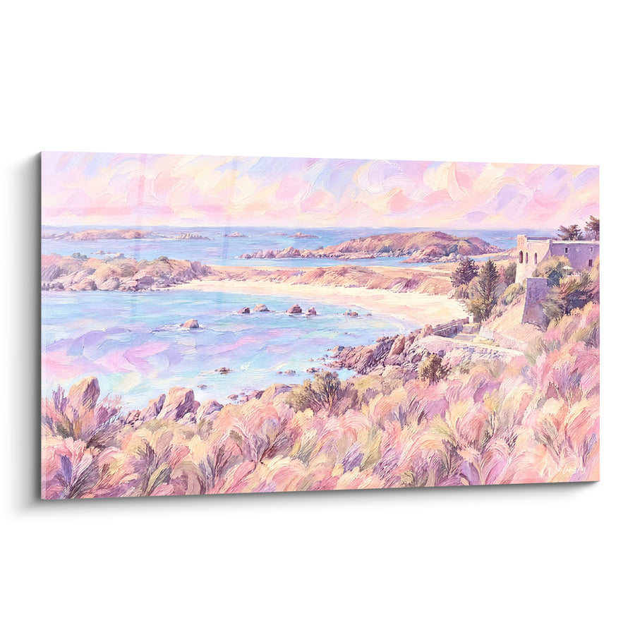 Tableau Baie côtière rose et mauve au crépuscule - Rêverie du soir - Edition Granville Normandie France