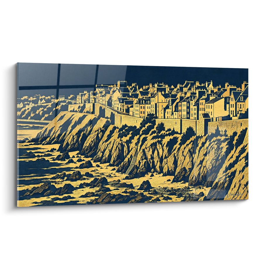 Tableau Falaise dorée aux maisons bleu marine - Veille sur l'Atlantique - Edition Granville Normandie France