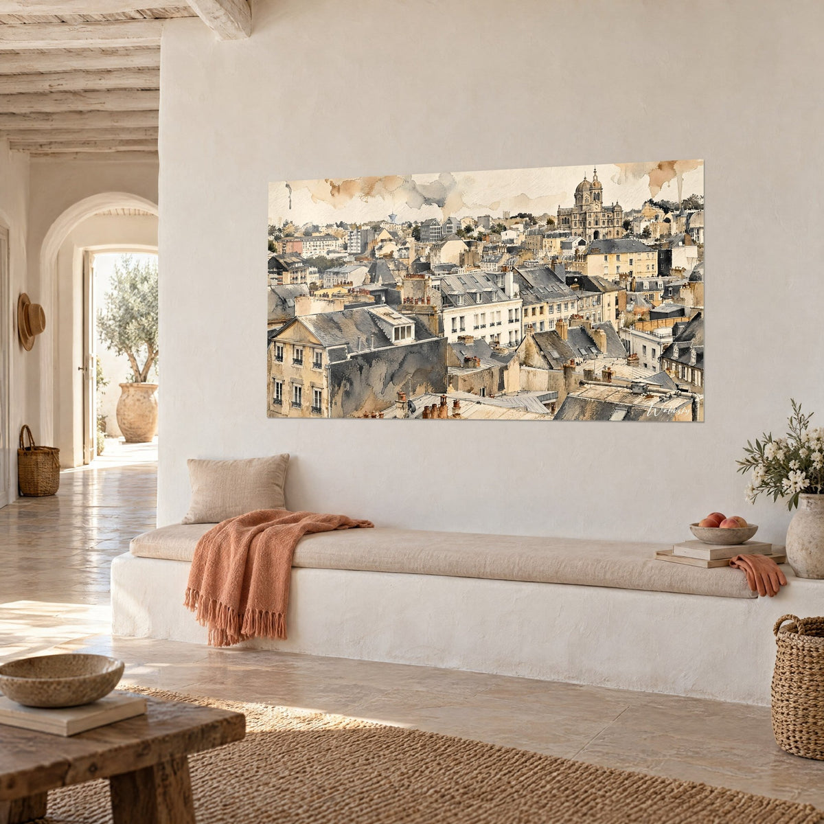 Gemälde Aquarell-Panorama einer normannischen Stadt, Ziegelkamine und sandfarbene Mauern, über einer weißen Bank aufgehängt