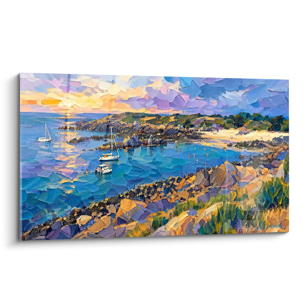 Tableau Crique bleu turquoise et rochers ocre - Mouillage au couchant - Edition Granville Normandie France
