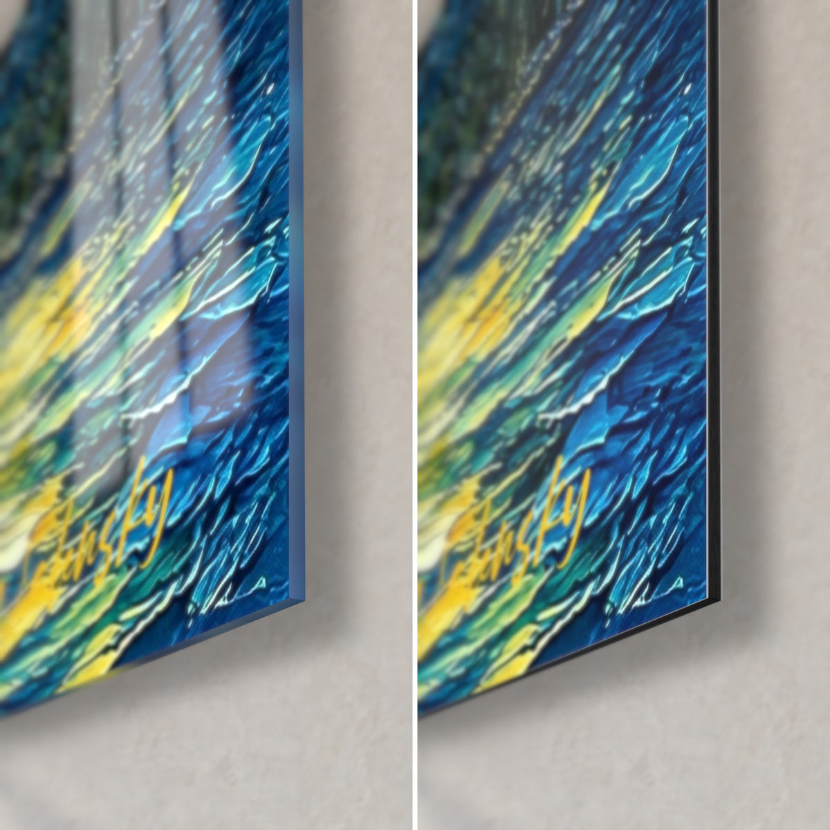 Détail des empâtements bleu marine et touches dorées formant les tourbillons célestes du tableau