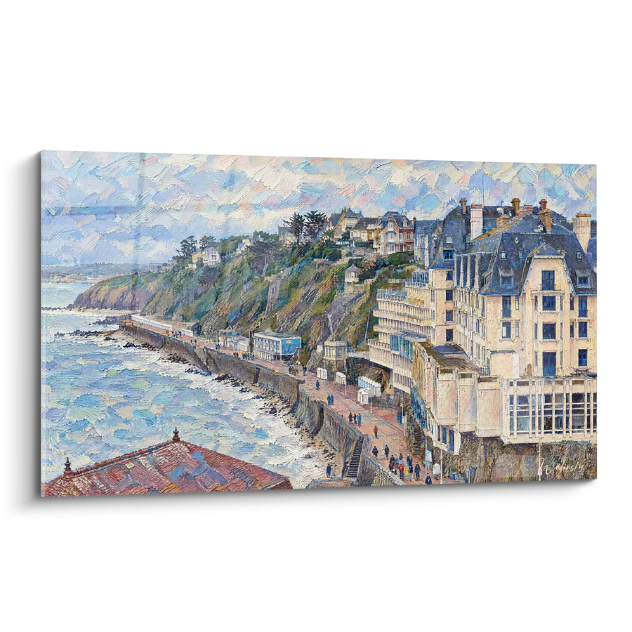 Tableau Promenade côtière beige et bleu animée - Flânerie littorale - Edition Granville Normandie France