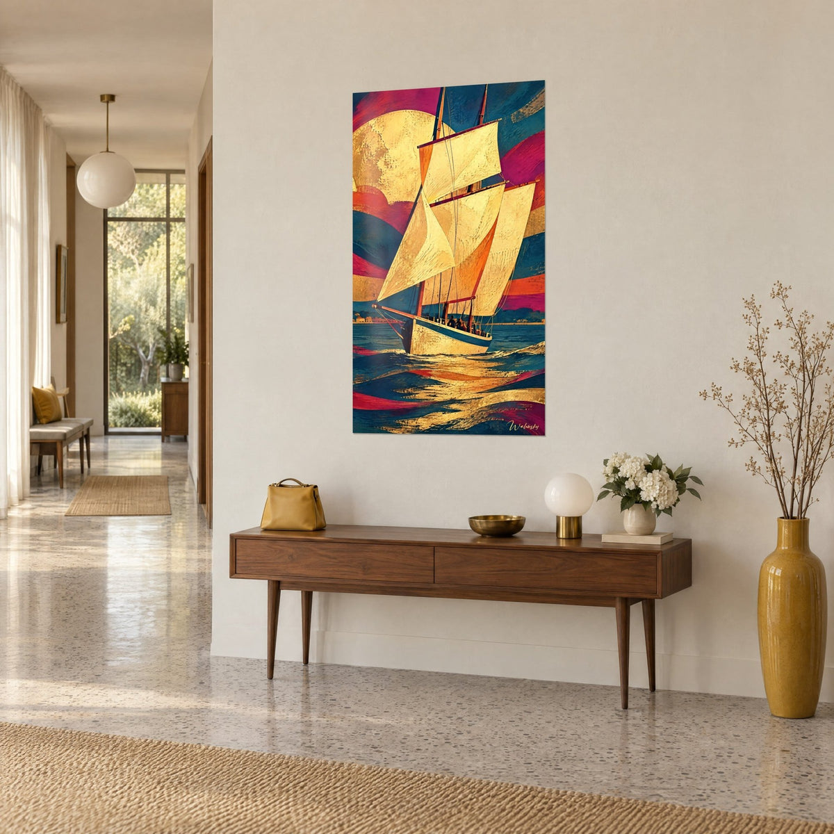 Gemälde Dreimaster mit cremefarbenen, golden gehämmerten Segeln, orangefarbener und purpurner Himmel, goldener Mond, Dreiviertelansicht in einem lichtdurchfluteten Flur