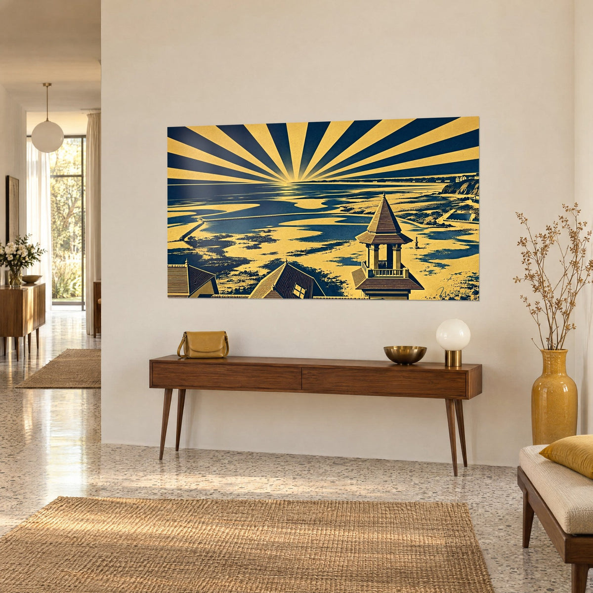 Quadro alba radiosa sulla costa normanna, sole giallo oro e macchie blu notte, vista a tre quarti su una consolle in legno