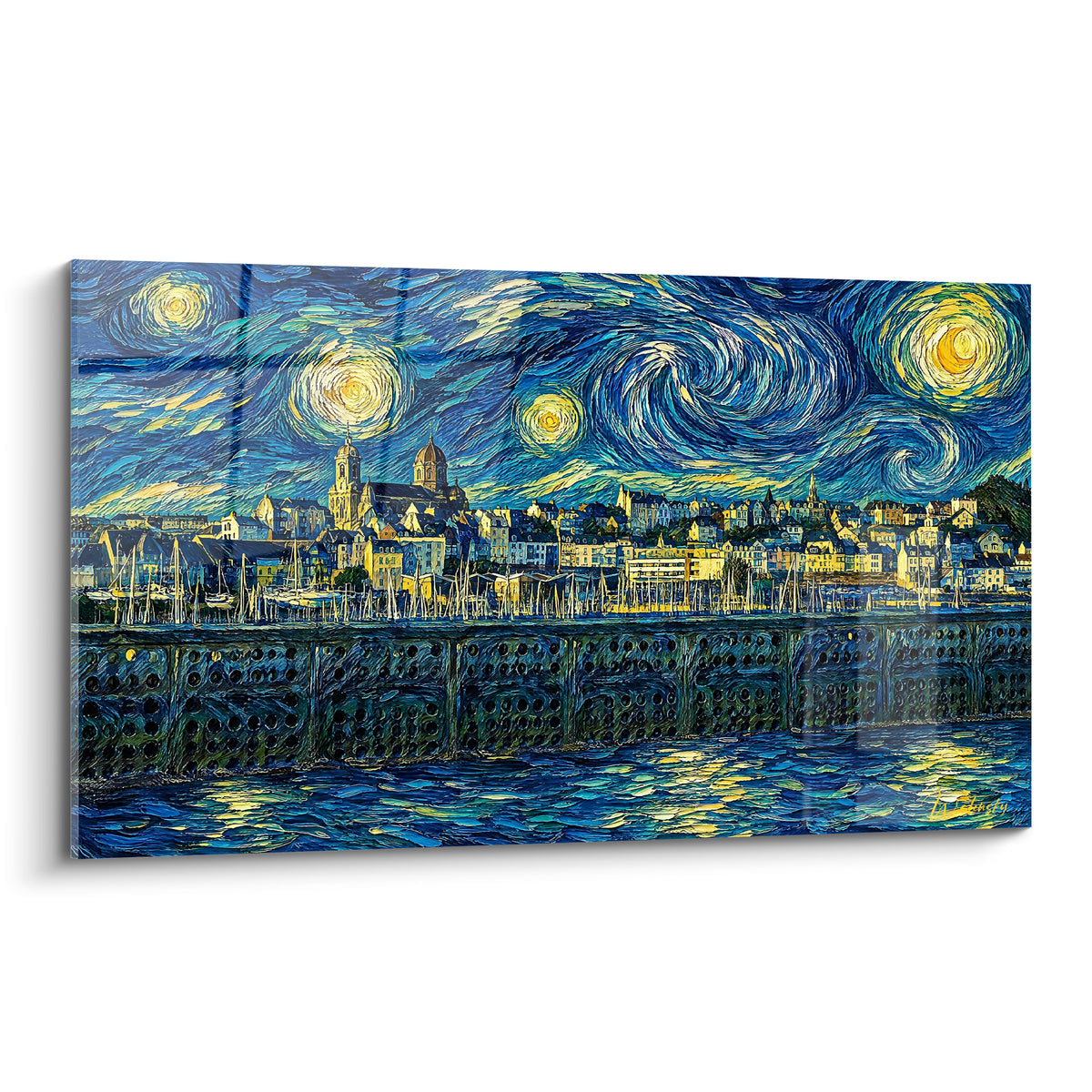 Port de Granville sous ciel tourbillonnant bleu marine et doré, style pictural expressif