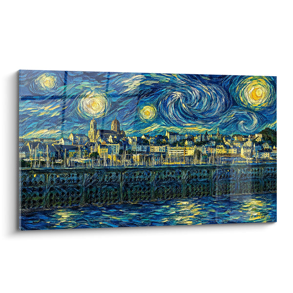 Tableau Port nocturne tourbillons bleus et dorés - Nuit en mouvement - Edition Granville Normandie France