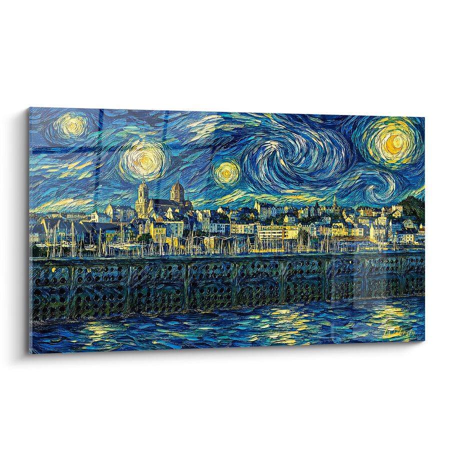 Tableau Port nocturne tourbillons bleus et dorés - Nuit en mouvement - Edition Granville Normandie France