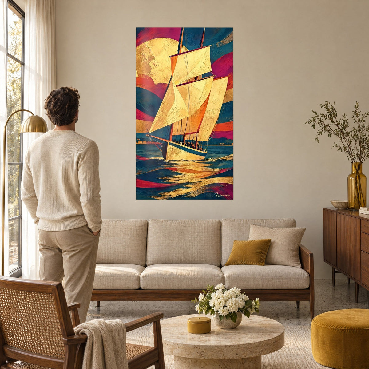 Gemälde Schoner mit goldenen Segeln vor magentafarbenem und nachtblauem Hintergrund, ein Mann von hinten blickt darauf über einem Sofa in einem hellen Wohnzimmer
